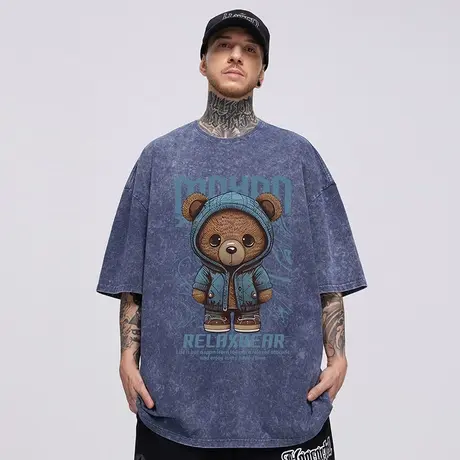 摩严美式重磅潮牌胖子男生小熊大码宽松复古加肥加大短袖T恤潮流商品大图