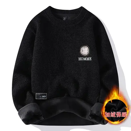 2022秋冬季雪尼尔毛衣男士新款圆领加绒加厚保暖一体绒针织外穿潮商品大图