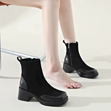 高跟鞋女靴子粗跟短靴2024新款春秋单靴厚底弹力瘦瘦靴黑色马丁靴图片