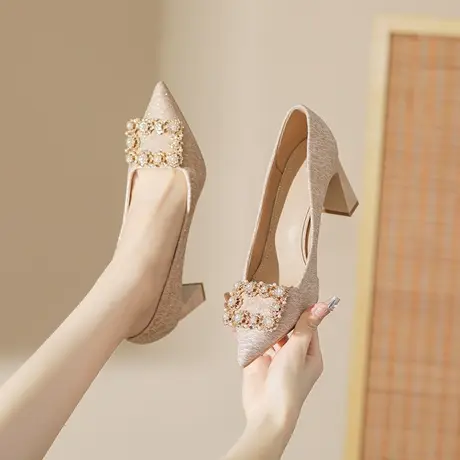 珍珠水钻单鞋女2024年夏季新款细跟浅口纯色仙女风法式气质高跟鞋图片