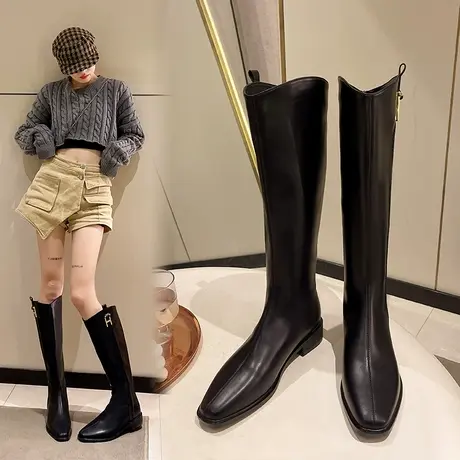 小个子不过膝长靴女2023年新款冬季加绒弹力瘦瘦靴方头粗跟长筒靴图片