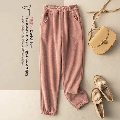 松紧腰加绒加厚休闲裤宽松复古束脚显瘦条绒运动裤女2022秋冬新款商品大图