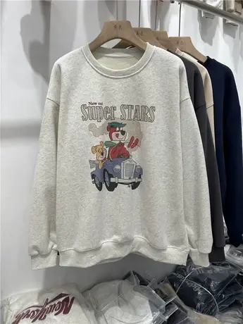 韩国东大门2023冬季新款百搭宽松卡通印花加绒卫衣女长袖圆领上衣商品大图