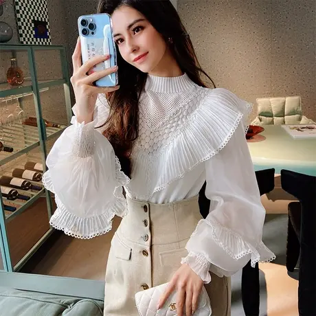 粉红大布娃娃甜美雪纺针织拼接上衣女白色荷叶边泡泡袖针织衫新款商品大图