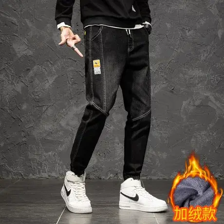 黑灰色秋季新款牛仔裤男士直筒潮流百搭长裤子男青年修身小脚加绒商品大图