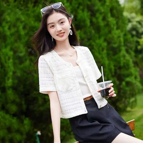 时尚气质淑女短袖外套2023年夏季新款温柔圆领显瘦通勤百搭上衣商品大图