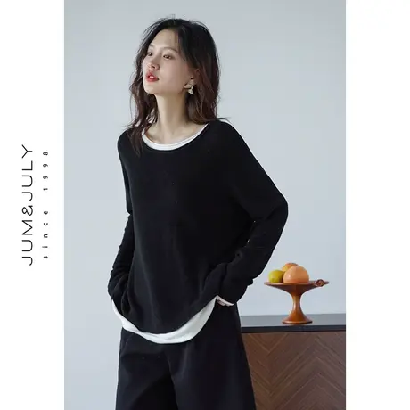 嘉茱莉小个子套头针织衫女拼接假两件针织上衣女短款宽松打底衫商品大图