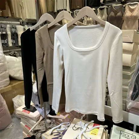 欧洲站方领加绒长袖打底衫女纯色显瘦保暖T恤2023冬新款欧货内搭图片