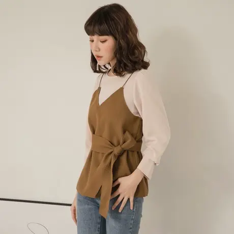 桔熊秋冬季复古假两件套上衣女收腰长袖拼色吊带背心大码AB10992商品大图