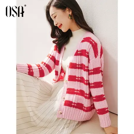 OSA欧莎红色条纹针织开衫春装女士2023年新款设计感洋气毛衣外套商品大图