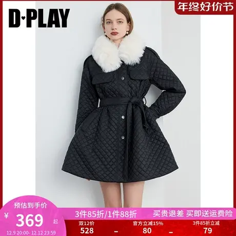 DPLAY冬通勤黑色可拆卸毛领菱格绗棉收腰短款棉服外套女商品大图