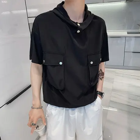 夏季男士t恤打底衫短袖半袖宽松潮牌潮流工装口袋ins连帽快手体恤商品大图