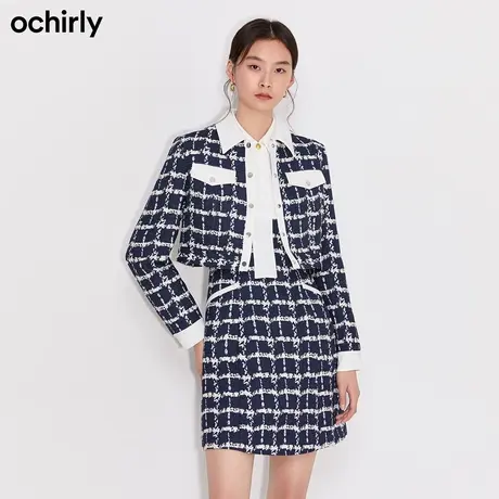 【呼呼严选专享】欧时力小香风格子花呢牛仔外套春装新品法式短款图片