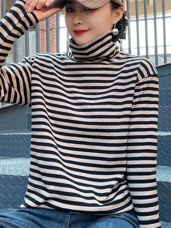 欧货经典高领条纹长袖T恤女秋冬加绒加厚新款显瘦时尚打底衫上衣商品大图