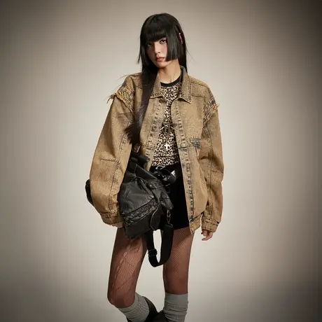 美式复古做旧毛边牛仔外套女2024春季新款潮牌宽松情侣装夹克上衣商品大图