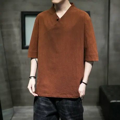 夏季中国风男中袖T恤棉麻复古民族风格盘扣五分袖交领盘扣打底衫图片