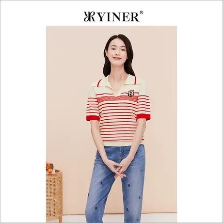【赫本猫联名】YINER音儿线上专选女装2023夏条纹翻领针织衫商品大图
