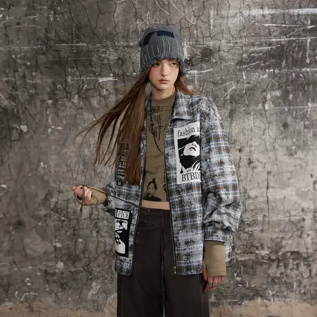 设计感潮牌复古格子外套女春秋2024新款美式街头风宽松情侣装夹克商品大图
