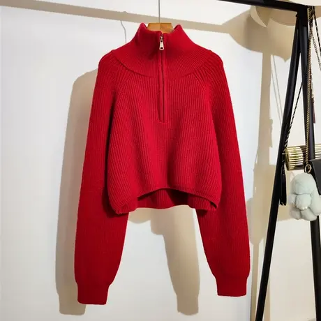 半拉链高领毛衣女2024新年红色设计感小众时尚短款针织衫上衣外穿商品大图