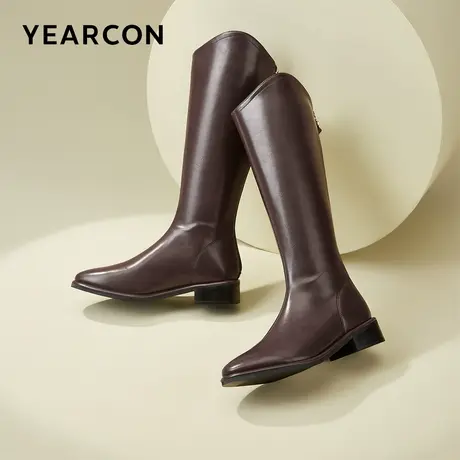意尔康女鞋秋冬季粗跟尖头长靴不过膝高筒皮靴女士V口显瘦骑士靴图片