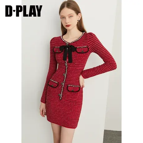 DPLAY【黑标】秋装新车厘子红蝴蝶结花瓣扣针织连衣裙敬酒服商品大图
