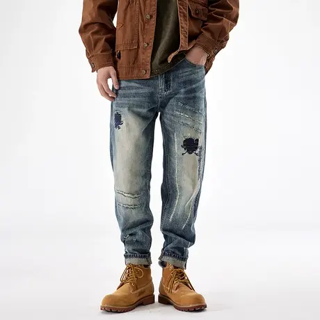 破洞补丁牛仔裤男宽松直筒休闲潮牌秋冬款锥形男士长裤子2023新款商品大图