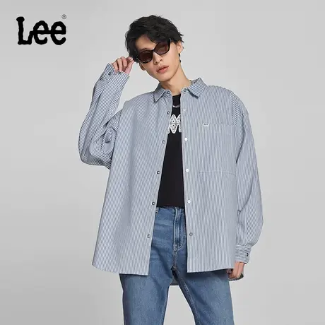 Lee商场同款24春季新品舒适版翻领浅蓝色条纹刺绣Logo男长袖衬衫图片