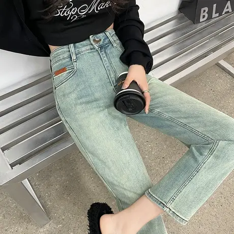 复古水洗直筒牛仔裤女2024年秋季新款高腰显瘦小个子九分烟管裤子商品大图