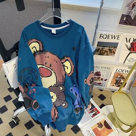 卡通小熊印花卫衣女春秋薄款宽松慵懒风早秋季圆领上衣设计感潮牌图片