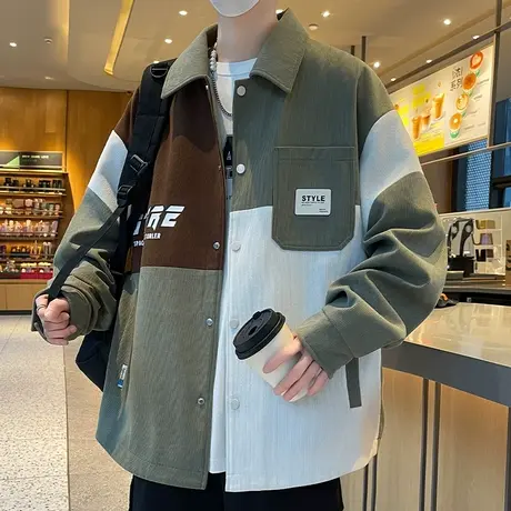 撞色拼接外套男春秋季2024新款衬衫式夹克男潮牌宽松青少年上衣服商品大图