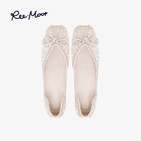 REEMOOR睿慕2023新款水钻方头单鞋珍珠蝴蝶结百搭平底鞋商品大图