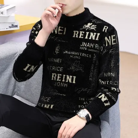 提花字母毛衣男秋冬潮牌外套针织衫男宽松休闲冬天保暖青少年线衣商品大图