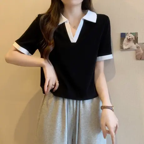 撞色V领POLO衫T恤短袖女夏天韩版设计感小众别致修身短款半袖上衣商品大图