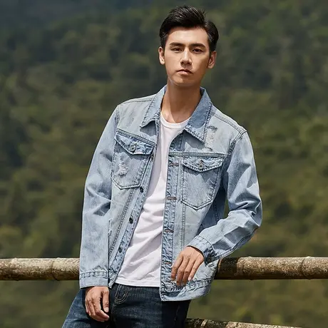 汉斯卡2021秋季浅色破洞牛仔外套男韩版潮流修身百搭男士秋装上衣商品大图