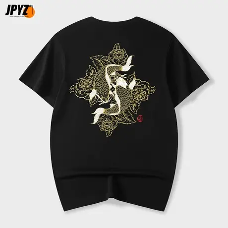 中国风短袖t恤男夏季新款鲤鱼刺绣体恤宽松百搭圆领情侣装上衣潮商品大图