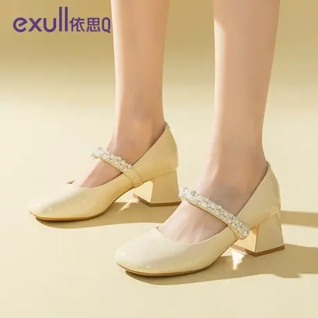 依思q玛丽珍鞋女2024春季新款单鞋粗跟高跟鞋一字带婚鞋伴娘鞋图片