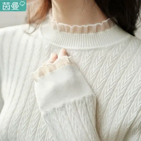 茵曼绵羊毛蕾丝花边打底衫女2024年冬季新款法式修身显瘦内搭上衣图片