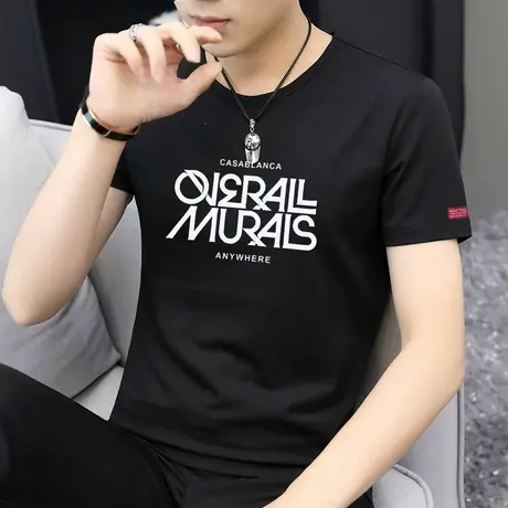 莫代尔短袖t恤男装夏季上衣服冰丝冰感印花体恤潮牌潮流黑色半袖商品大图