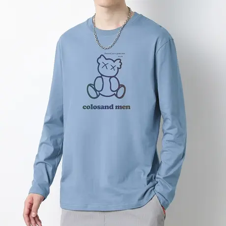 纯棉长袖t恤男装2023新款秋季宽松全棉内搭打底衫小熊圆领上衣服商品大图