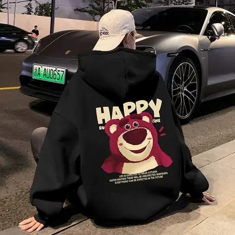 草莓熊卫衣男春秋季连帽套头帽衫美式vintage男生高街休闲外套潮图片