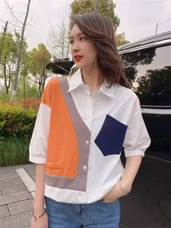 拼接撞色短袖衬衫女2023夏季新款韩版宽松设计感抽绳别致衬衣T恤图片