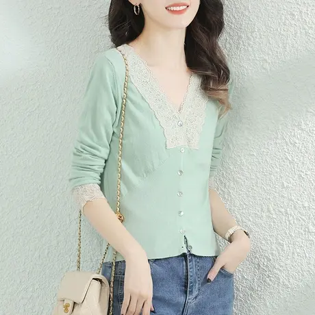 韩潮袭人蕾丝拼接V领长袖宽松休闲针织衫女2023秋新款毛衣上衣薄商品大图
