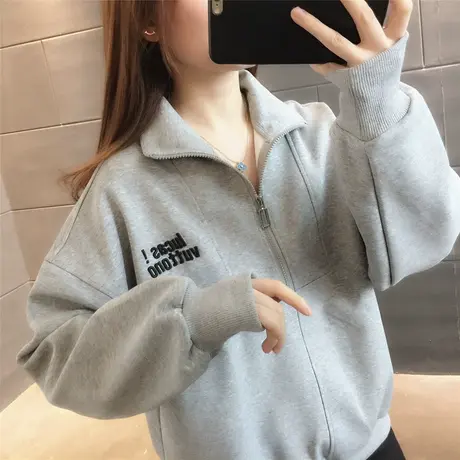 半拉链卫衣翻领长袖纯色减龄简约风显瘦2023秋季新款套头小个子女商品大图