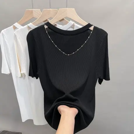 挂脖v领冰丝针织衫女2023春夏秋新款修身内搭打底衫外穿薄短袖T恤图片