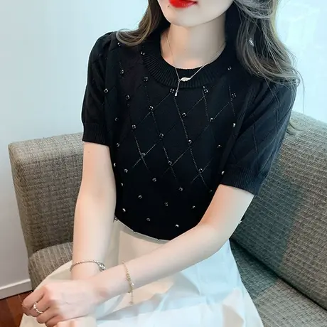 烫钻圆领针织短袖女2023夏新款气质纯色百搭上衣显瘦修身个性T恤商品大图