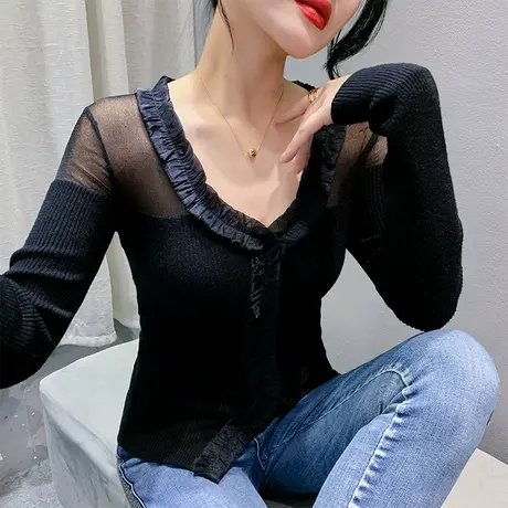 性感网纱V领上衣女长袖时尚开叉下摆针织衫洋气修身减龄打底衫ins商品大图