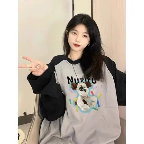 撞色插肩长袖t恤女秋冬打底衫韩系风格穿搭宽松复古港味chic上衣商品大图