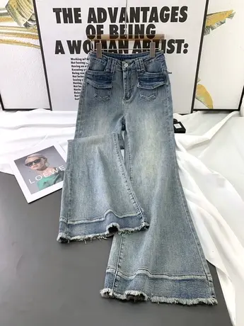 韩版女士牛仔喇叭裤2023秋新款显瘦百搭高腰口袋弹力修身马蹄裤潮商品大图