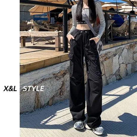 黑色工装裤女秋2023年新款秋抽绳宽松高腰显瘦设计感阔腿休闲裤子图片