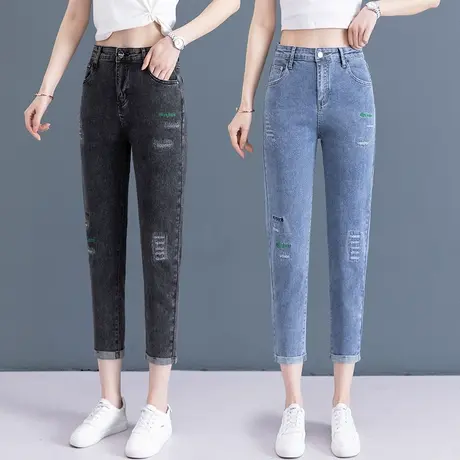 八分裤女夏薄款小脚牛仔裤弹力显瘦2023年时尚百搭刺绣破洞铅笔裤图片
